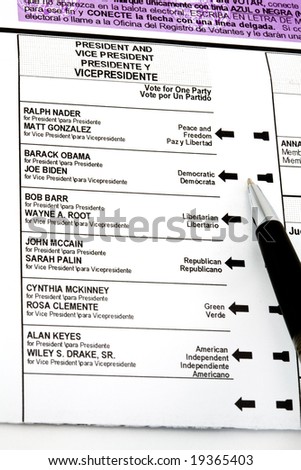 November 2008 General Election Ballot Presidential Candidates with Pen on Obama