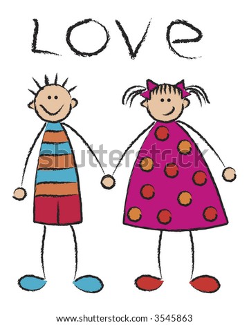 This "cartoon kids, a boy and girl holding hands" clip art image is