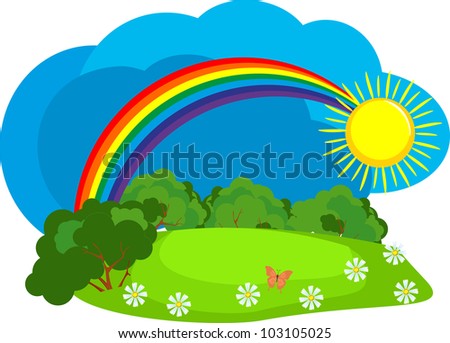 summer day, the nature of the rainbow in the sky and the sun