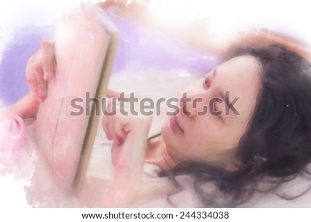 A digital paint of beautiful young women lay down and using her tablet.