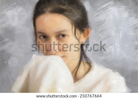 A digital drawing paint of young Asian beauty women after wash and wipe her face with white towel.