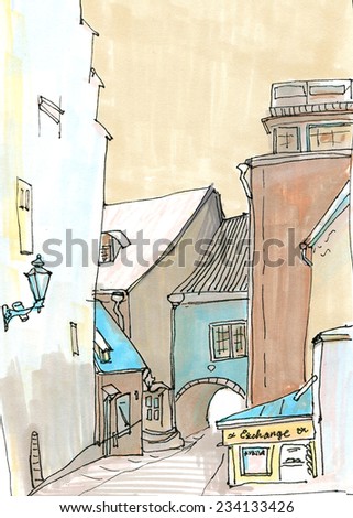 Marker sketch of a cafe on the street of baltic town