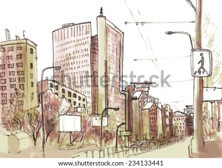 Marker sketch of a street in big city with highway