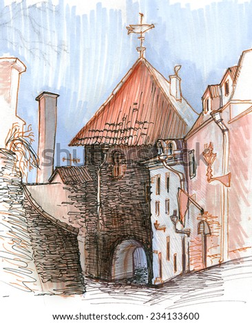 Warm marker sketch of a old european street with textured building