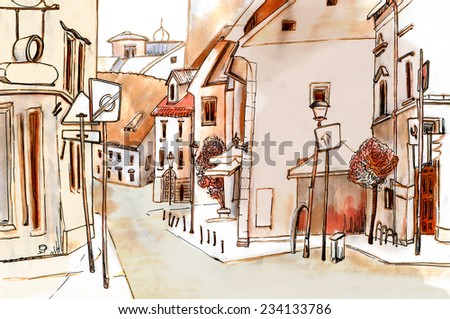 Marker sketch of a european old city street with road sign