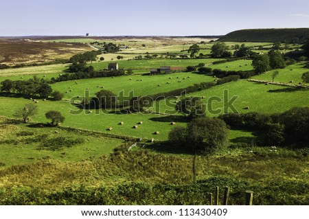 Glebe Farm, Hole of Horcum, Goathland, North York Moors, Yorkshire, UK. A panoramic view of farmland in the midst of the North York Moors.