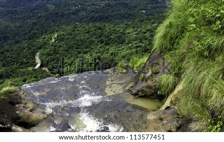 Waterfall, Khasi Hills, Cherapunjee, Meghalaya, India. View of Bangladesh border from Khasi Hills in Cherapunjee.