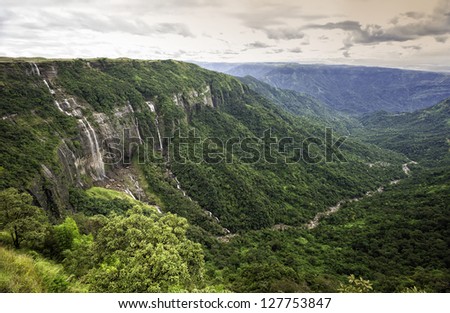 Cherrapunjee, Meghalaya, India. Seven Sisters waterfalls, mountain slopes, deep valley, and gorge in the midst of the Khasi Hills near Cherrapunjee in Meghalaya, north east India.