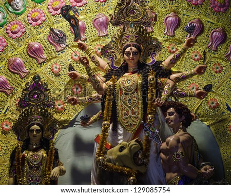 KOLKATA - OCTOBER 03: unidentified colourful display, pandal, of Hindu gods during the week long religious festival of Durga Puja on October 03, 2011 at Chowringee, New Market, Kolkata, India.
