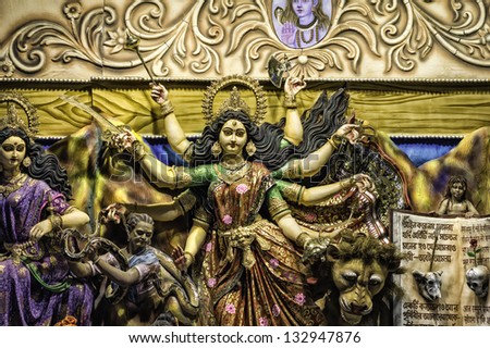 KOLKATA - OCTOBER 03: unidentified displays, pandals, of Hindu gods during the week long religious festival of Durga Puja on October 03, 2011 at Chowringee, New Market, Kolkata, India.