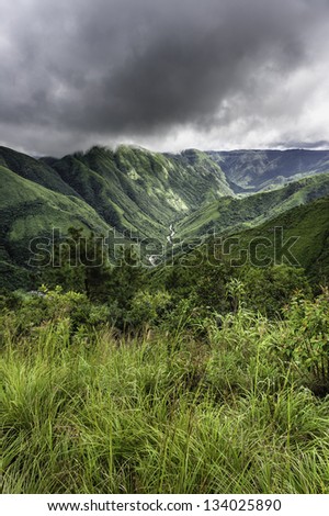 Cherrapunjee, Meghalaya, India. View of the Khasi Hills, valleys, and gorges, on a stormy morning near Cherrapunjee, the wettest place on earth, in Meghalaya, north east India.
