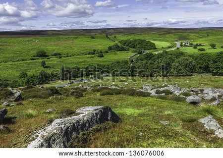 Goathland, Yorkshire, UK. View of the undulating, rugged landscape of the beautiful North York Moors in summer in north Yorkshire, UK.