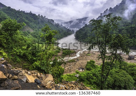 Tawang, Arunachal Pradesh, India. View of the Kameng river in the deep valley of the high mountains near the border town of Bhalukpong in western Arunachal Pradesh in north east India.