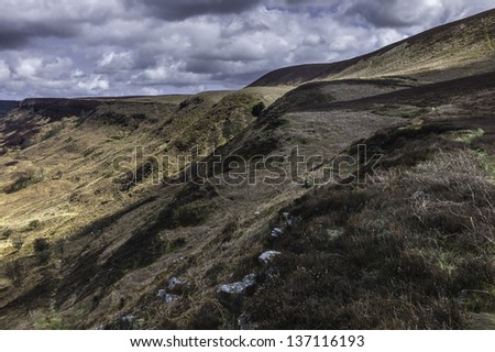 Levisham, Yorkshire, UK. View of the North York Moors and undulating landscape in late spring on a bright sunny day near the village of Levisham, Yorkshire, UK.