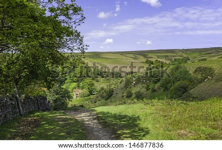 Goathland, Yorkshire, UK. North York Moors National Park on a summer morning showing a footpath, a farmhouse, undulating landscape and blue sky near the village of Goathland, north Yorkshire, UK.