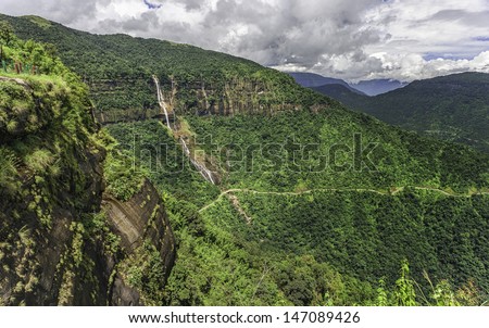 Shillong, Meghalaya, India. Khasi Hills, a waterfall, and the road from Shillong to Cherrapunjee (the wettest place on earth) in Meghalaya, north east India.