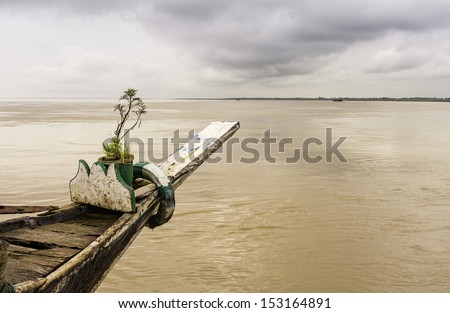 Jorhat, Assam, India.  View from an anchored ferry boat following flooding on Brahmaputra river near Jorhat and Majuli island, Assam, India.