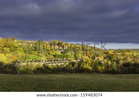 Glaisdale,Yorkshire, UK. Sunset over terrace houses in autumn (fall) in the beautiful dale of Glaisdale in the heart of the North York Moors National Park in Yorkshire, UK,.