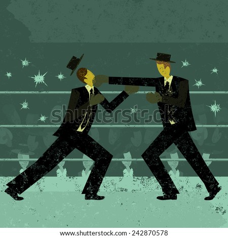 Businessmen boxing match Two retro businessmen fighting in a boxing ring with a crowd watching. The boxers and background are on separate labeled layers.