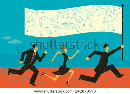 Business Leader Business people following their leader carrying a flag. The people and background are on separately labeled layers.