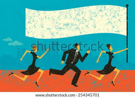 Business Leader Business people following their leader carrying a flag. The people and background are on separately labeled layers.