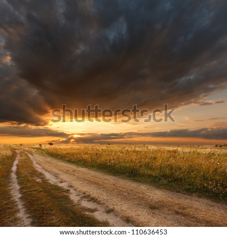 Beautiful view of the sunset in a field on a rural road