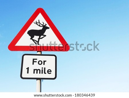 A warning of deer on the road British sign.