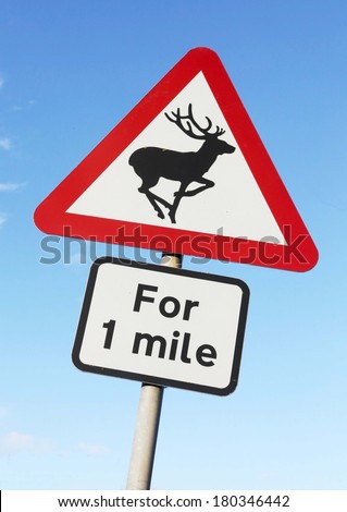 A warning of deer on the road British sign.