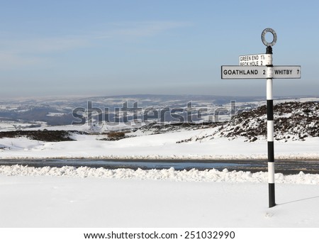 United Kingdom, Finger post, Yorks North Riding, pointing to Goathland, Beck Hole and Whitby. North Yorkshire, England, United Kingdom, North Yorkshire Moors in snowy conditions.