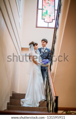 wedding, love, ladder, bride, groom, happiness, flower, window, stained glass