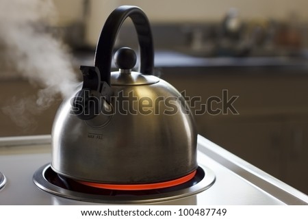 Stainless steel tea kettle boiling with a kitchen in the background.