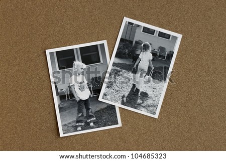 Old photographs from the 1970's of a little girl on a bulletin board.