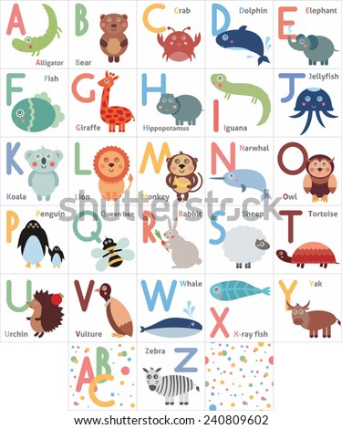 Cute animal alphabet. Funny cartoon animals