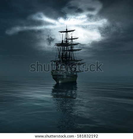 Jolly Roger in the sky over the sailing ship Jolly Roger in the sky over the sailing ship