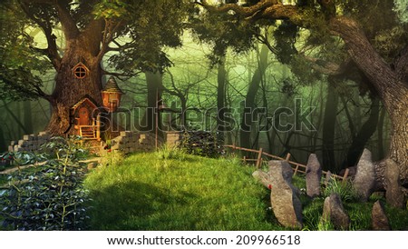 Fairytale scenery with old trees plants and fairy house Fairytale scenery with old trees plants and fairy house