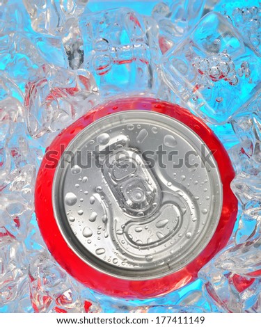 Details of Soda can in ice and drops