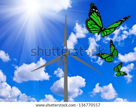 Rotating wind turbine and green butterflies on a bright sunny sky with clouds