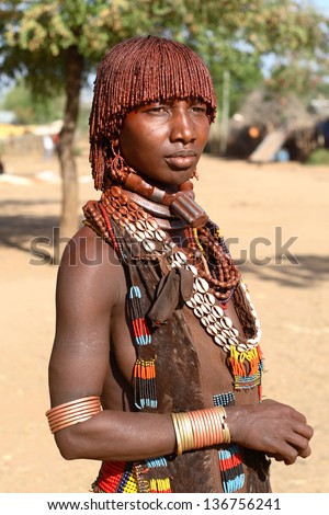 SOUTH OMO - ETHIOPIA - JANUARY 8, 2009: An unidentified Hamer woman on January 8, 2009 in South Omo, Ethiopia. A 5-year resettlement program started 2011 threatens the tribes in Ethiopia.