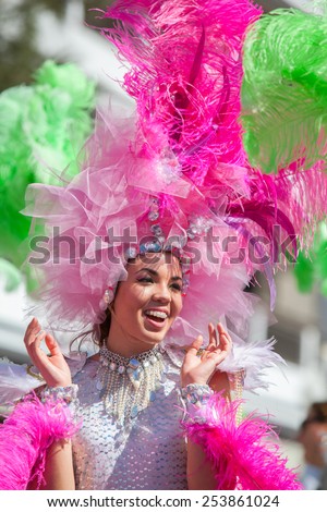 LANZAROTE, SPAIN - FEB 14: Women in costumes at the Carnival in Arrecife, on February 14, 2015. Lanzarote, Canaries islands, Spain.