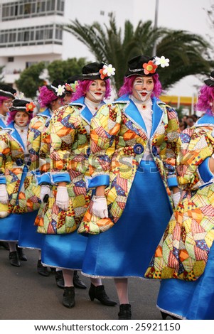 LANZAROTE, SPAIN - FEB 23: Women in costumes at the Grand Carnival Parade in Arrecife, on February 23, 2009. Lanzarote, Canaries islands, Spain.