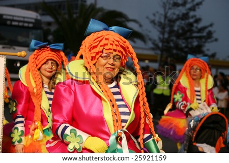 LANZAROTE, SPAIN - FEB 23: Women in costumes at the Grand Carnival Parade in Arrecife, on February 23, 2009. Lanzarote, Canaries islands, Spain.