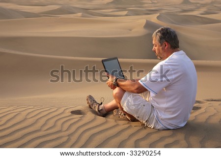 Man with laptop sitting in the desert.