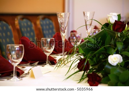 stock photo Wedding table with focus on champagne flute