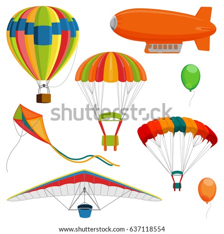 Set of blimp, paraglider and kite, air balloon and parachutes realistic vector