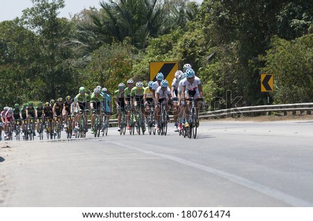 TERENGGANU, MALAYSIA - MARCH 8:Unidentified rider racing for podium following the 10th stage of the Le Tour De Langkawi 2014 cycling race from Kenyir Lake to Kuala Terengganu, on March 8.