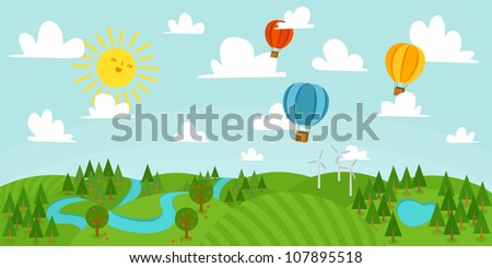 Colorful Landscape. Landscape vector illustration with forest, hot air balloons, river and wind mills.