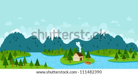 Landscape vector illustration with mountains, forest, river, island with house and boat