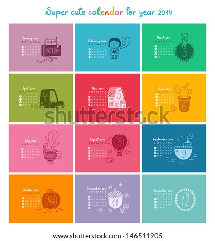 Cute doodle calendar for 2014 in color Week starts from Sunday Cute doodle calendar for 2014 in color Week starts from Sunday