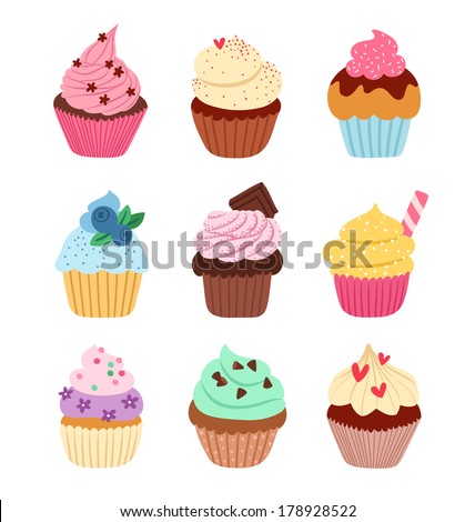 Nine delicious yummy vector cupcakes with sprinkles chocolate chips berries Nine delicious yummy vector cupcakes with sprinkles chocolate chips berries