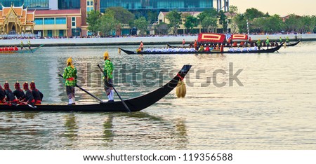 BANGKOK THAILAND-NOVEMBER 9:Undefined man in Thai style dressing in Royal Barge Procession in Bangkok,Thailand on November 9,2012.For celebrating to His Majesty The King\'s Birthday on December 5.